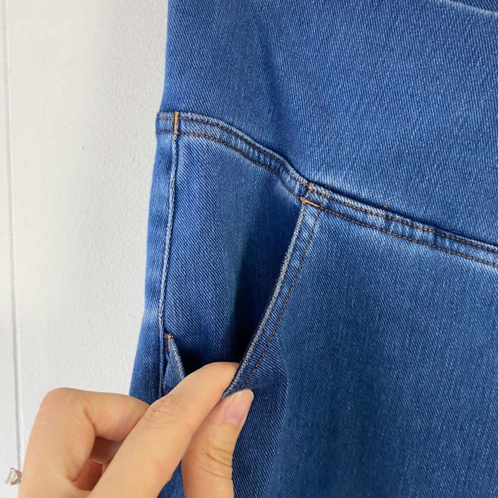 Blue Crossover V-Waist Flare Jeans Size L Pull On Stretch Denim Bell Bottoms - Picture 7 of 9